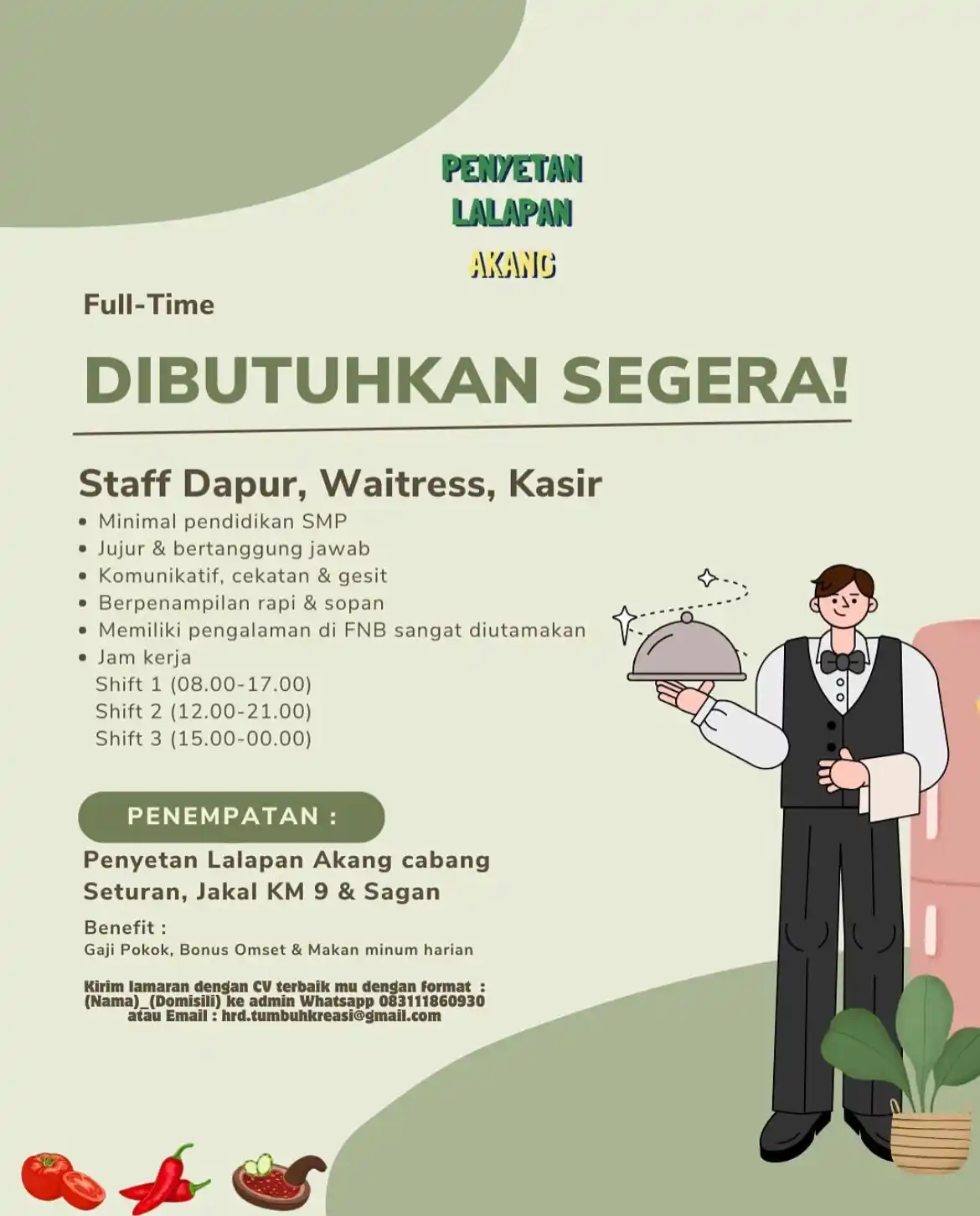 Image from Info Loker Jogja Yogyakarta (Official): PENYETAN LALAPAN AKANG DIBUTUHKAN SEGERA! Full-Time Staff Dapur, Wait...