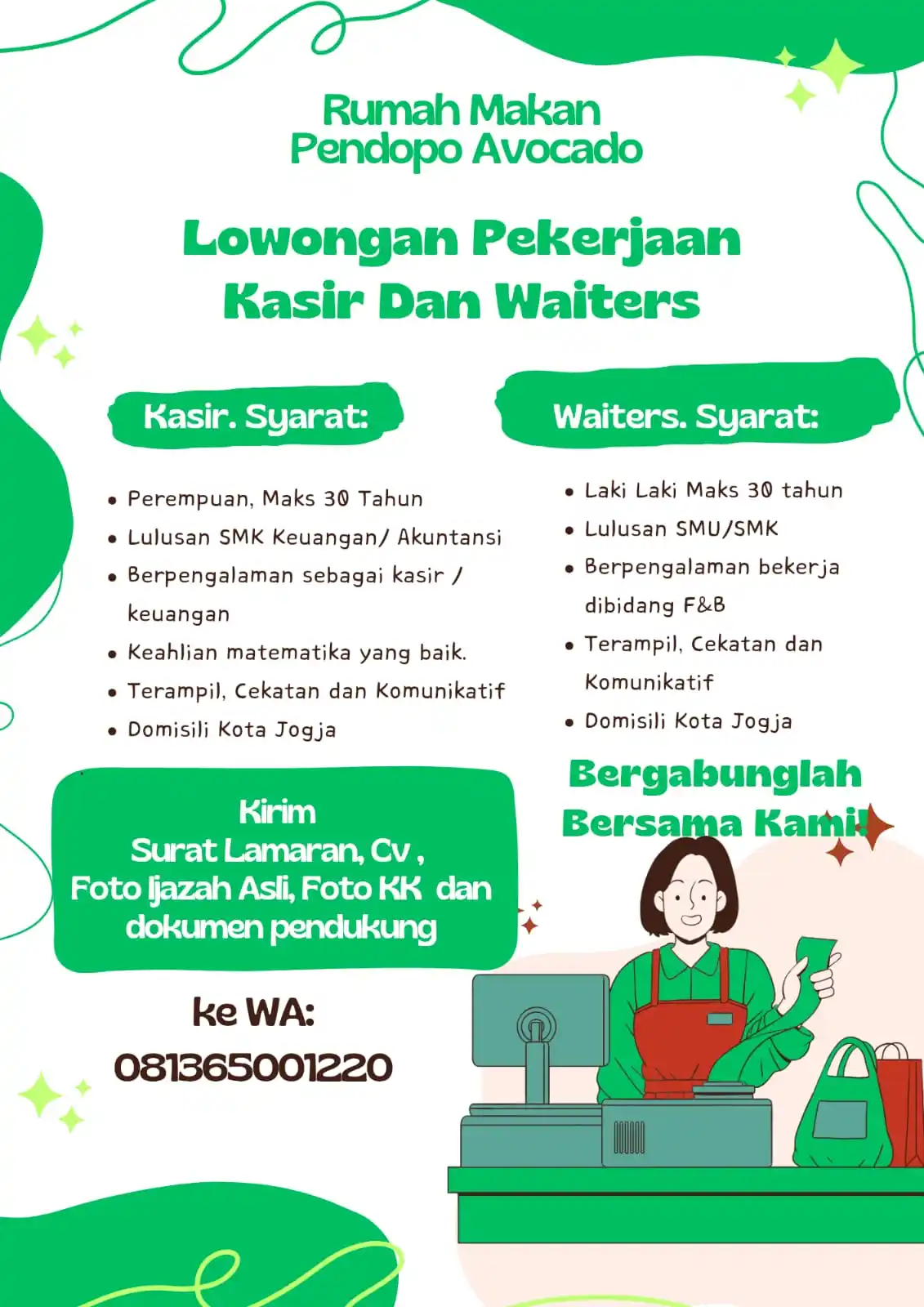 Image from Info Loker Jogja Yogyakarta (Official): Rumah Makan Pendopo Avocado Dibutuhkan segera Kasir Dan Waiters Dom...