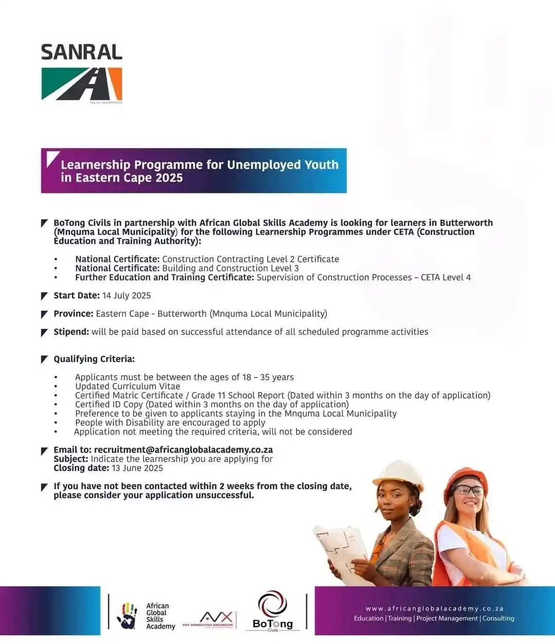 Image from SA JOBS CORNER🇿🇦: SANRAL LEARNERSHIP PROGRAMME 2025 Location: Butterworth, Eastern Cape ...
