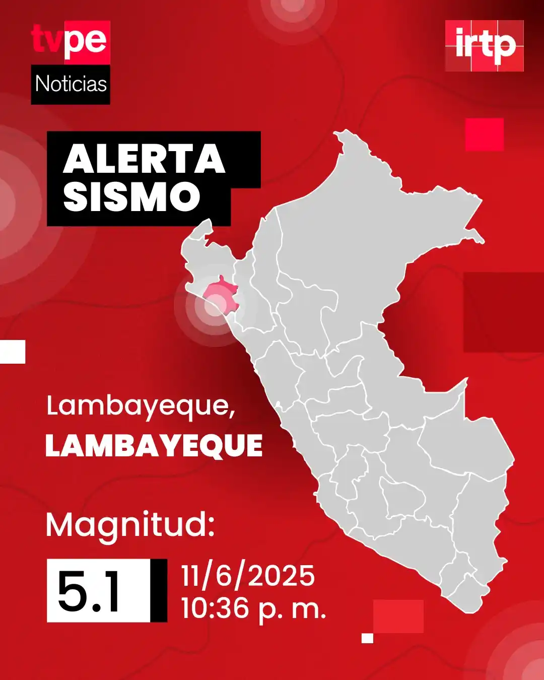 Image from TVPerú Noticias: 🚨 Sismo en Lambayeque: el IGP reportó un movimiento telúrico de 5.1 d...