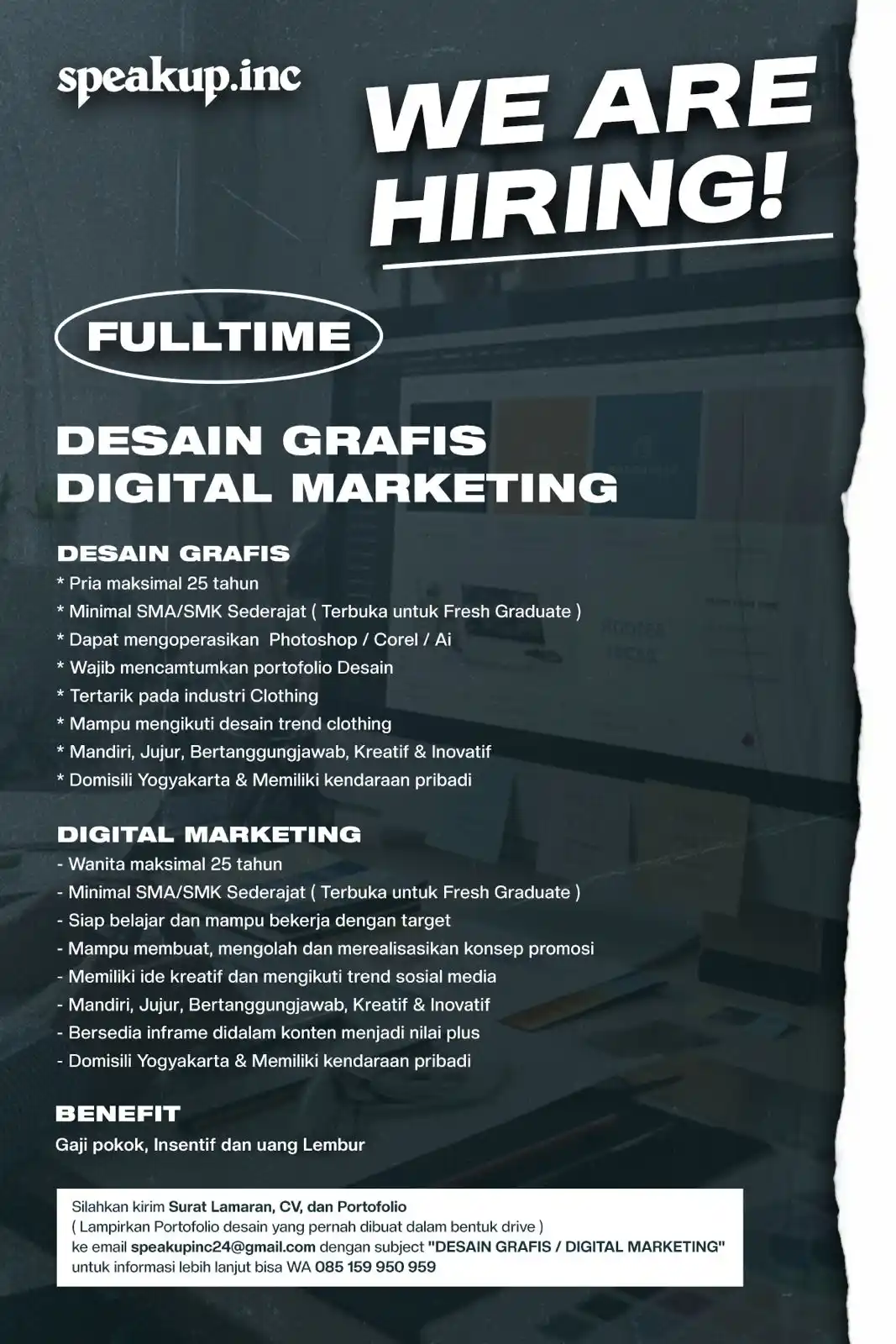 Image from Info Loker Jogja Yogyakarta (Official): speakup.inc Dibutuhkan segera FULLTIME - DESAIN GRAFIS - DIGITAL MAR...