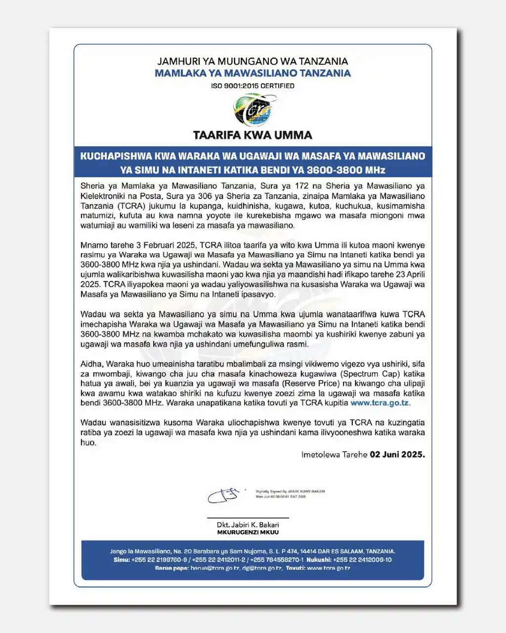 Image from TCRA TANZANIA: 📌Taarifa kwa Umma📌 KUCHAPISHWA KWA WARAKA WA UGAWAJI WA MASAFA YA MA...