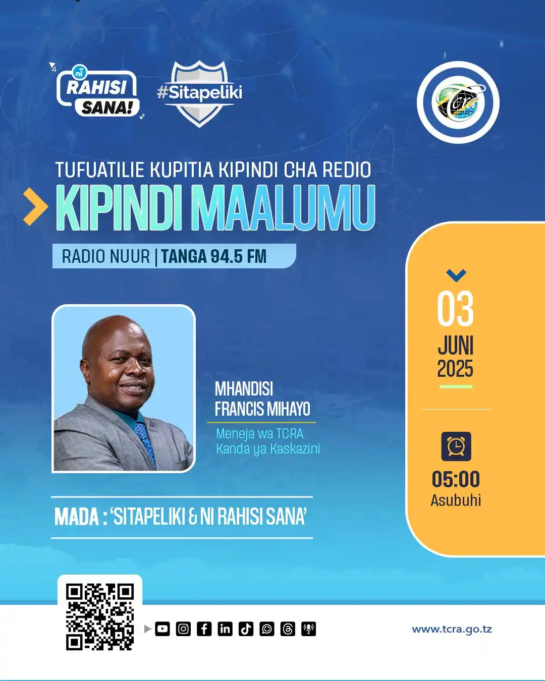 Image from TCRA TANZANIA: 🚨Usikose kufuatilia kipindi Maalum kuanzia saa 5:00 Asubuhi, 📻 kup...
