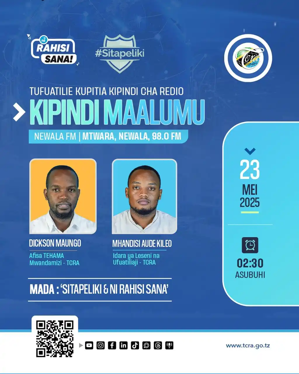 Image from TCRA TANZANIA: 🚨Usikose kufuatilia kipindi maalumu cha redio kuanzia saa 2 Asubuhi k...