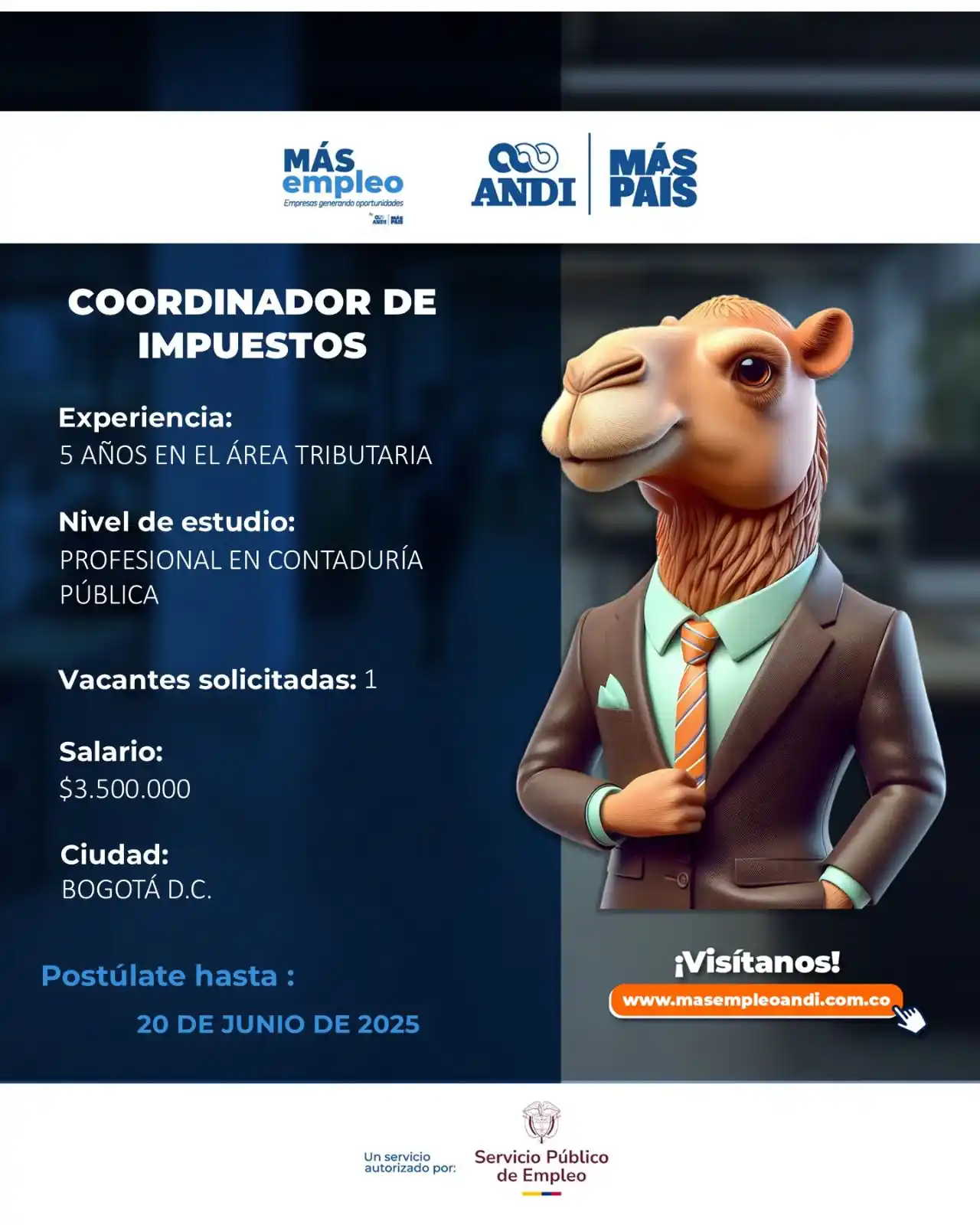 Image from Vacantes Más Empleo ANDI 🔵: 📢 *¡Vacante disponible en Bogotá!* 🔎 *COORDINADOR DE IMPUESTOS* 💼 ...