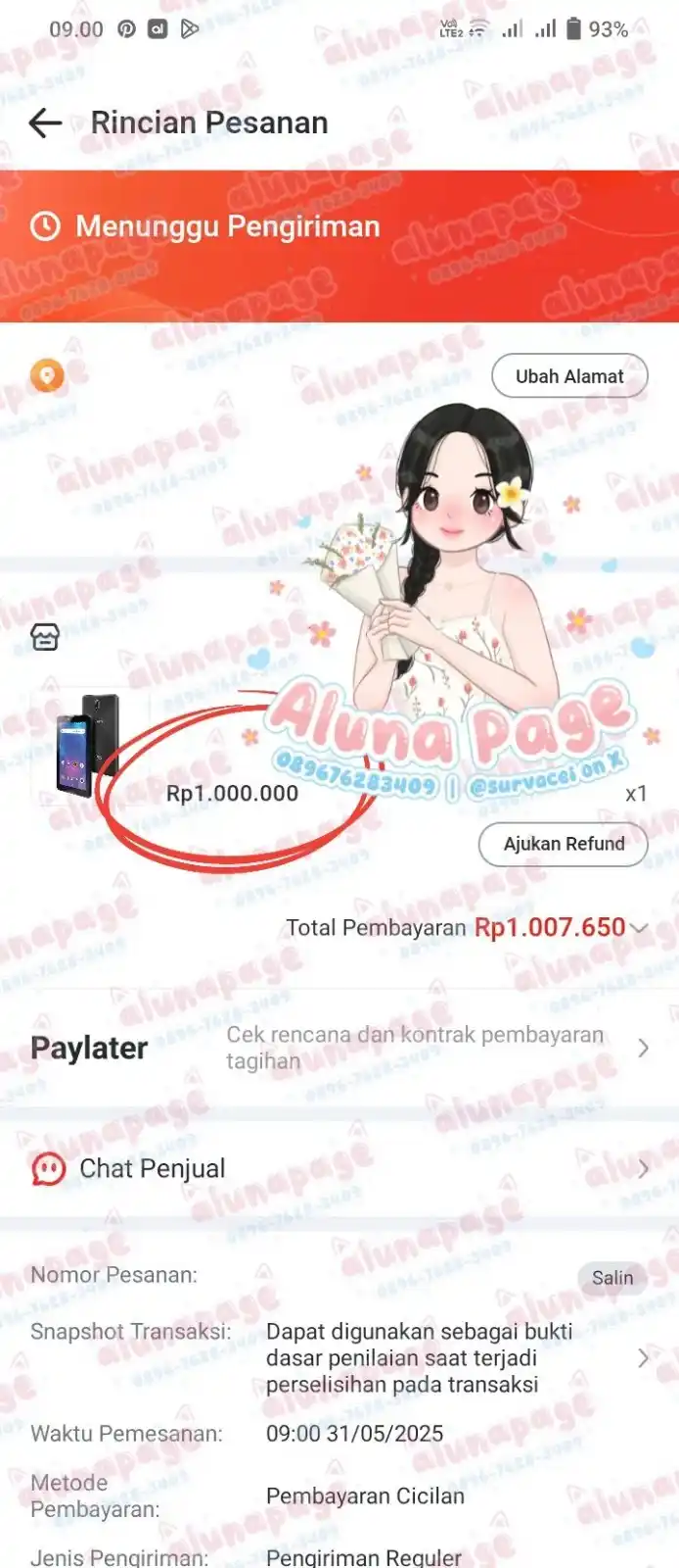 Image from Aluna's proof: akulaku paylater 1jt via merchant...