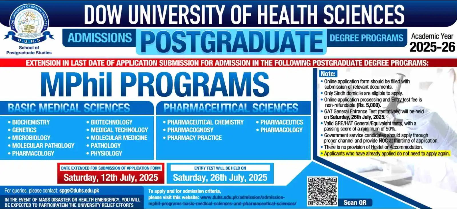 Image from M. Zahid Iqbal - PakEduCareer Educational Updates: *Dow University of Health Sciences (DUHS), Karachi* MPhil Programs Adm...