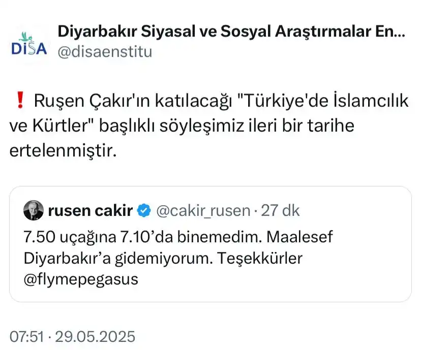 Image from Diyarbakır Siyasal ve Sosyal Araştırmalar Enstitüsü: 📢 duyuru. ❗️Ruşen Çakır'ın katılacağı "Türkiye'de İslamcılık ve Kür...