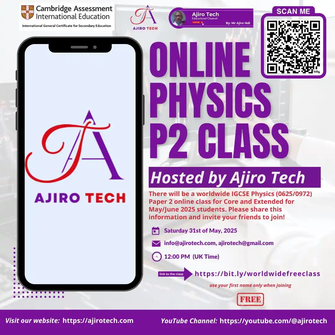 Image from Ajiro Tech | IGCSE & A Level: 📢 FREE IGCSE PHYSICS CLASS ALERT! 🧠⚡ 🎓 Ace Your IGCSE Physics MCQs...