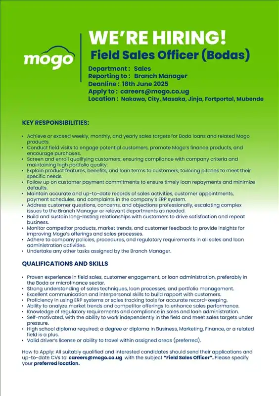 Image from Jobs In uganda now 🇺🇬: Join us to drive access to Boda loans and finance products across Naka...