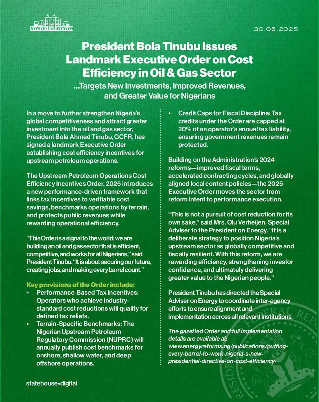 Image from Nigeria Gov: Key provisions of the Order include: • Performance-Based Tax Incentiv...