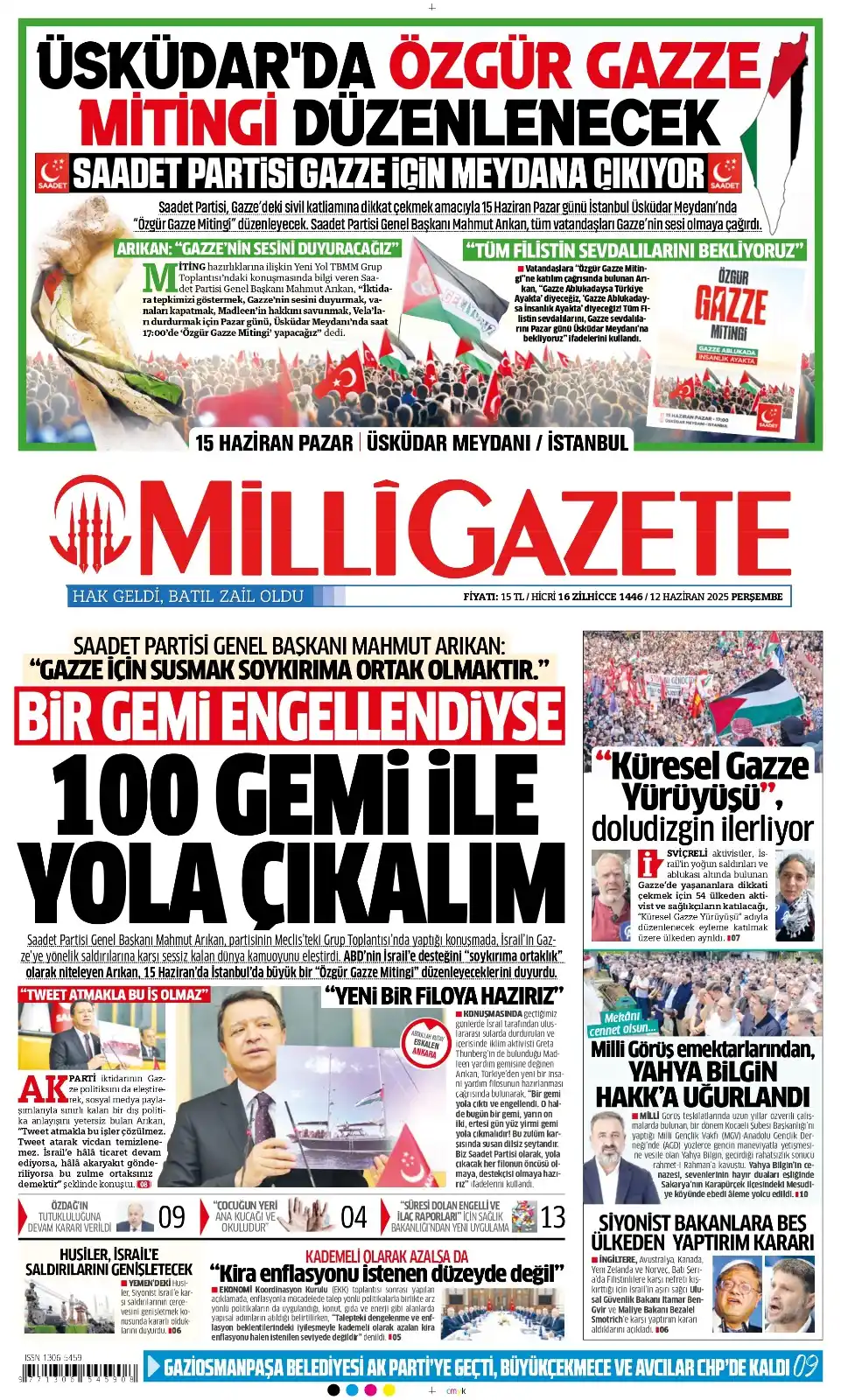 Image from Milli Gazete: *Millî Gazete'nin bugünkü birinci sayfası:* Saadet Partisi Genel Başk...