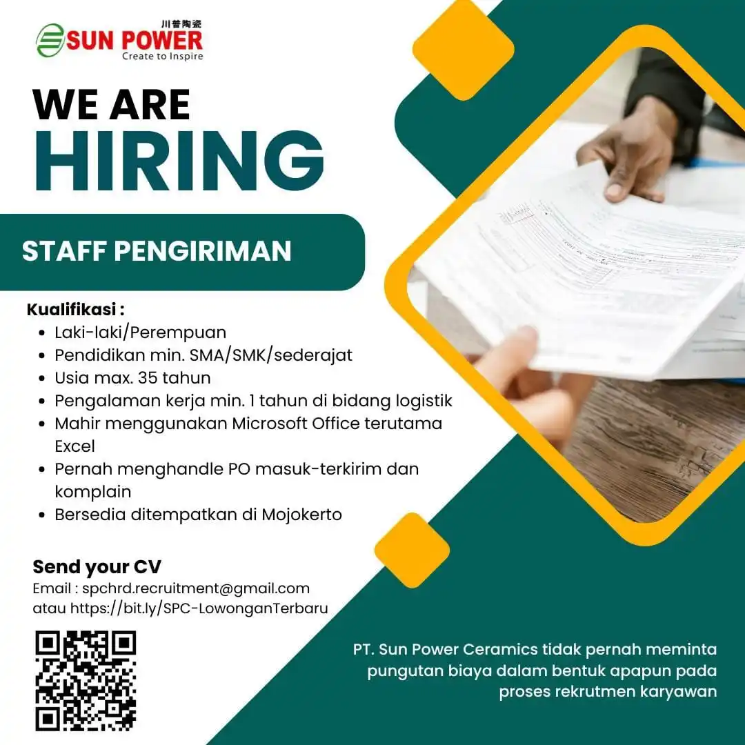 Image from Sharing Informasi Jatim Channel_Id: Nama: *PT. Sun Power Ceramics* Posisi: *STAFF PENGIRIMAN* Gender: *Lak...