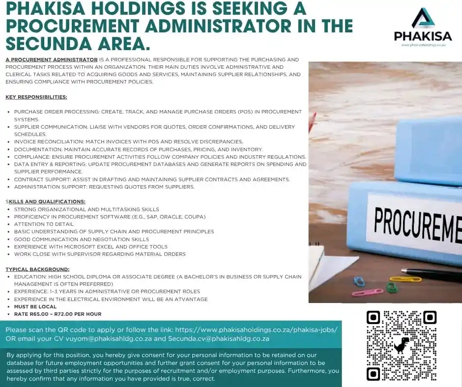 Image from Opportunities With Thabang: Phakisa Holdings is currently seeking a Procurement Administrator in t...