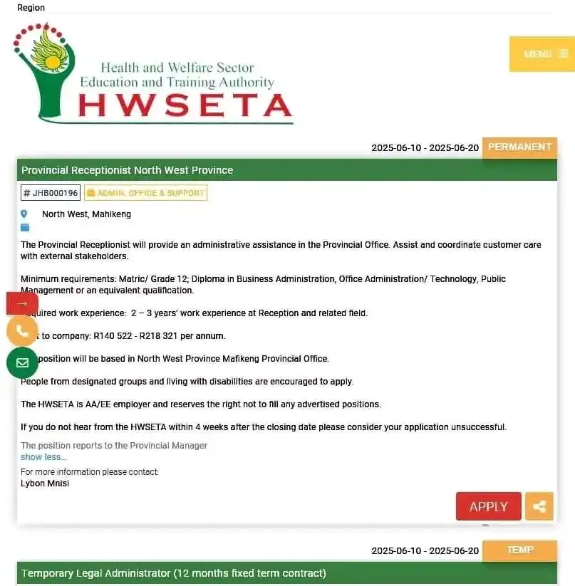 Image from Opportunities With Thabang: Provincial Receptionist Temp Legal Administrator HWSETA Closing D...