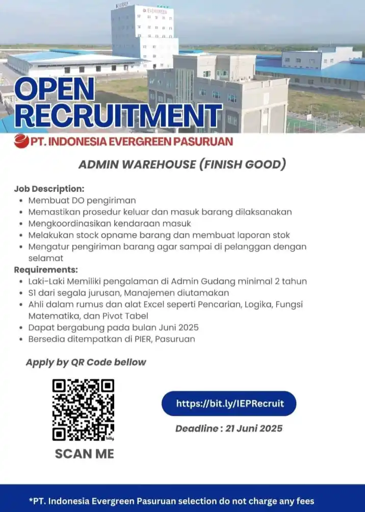 Image from Sharing Informasi Jatim Channel_Id: *PT INDONESIA EVERGREEN PASURUAN* *(ADMIN WAREHOUSE)*  https://docs.go...