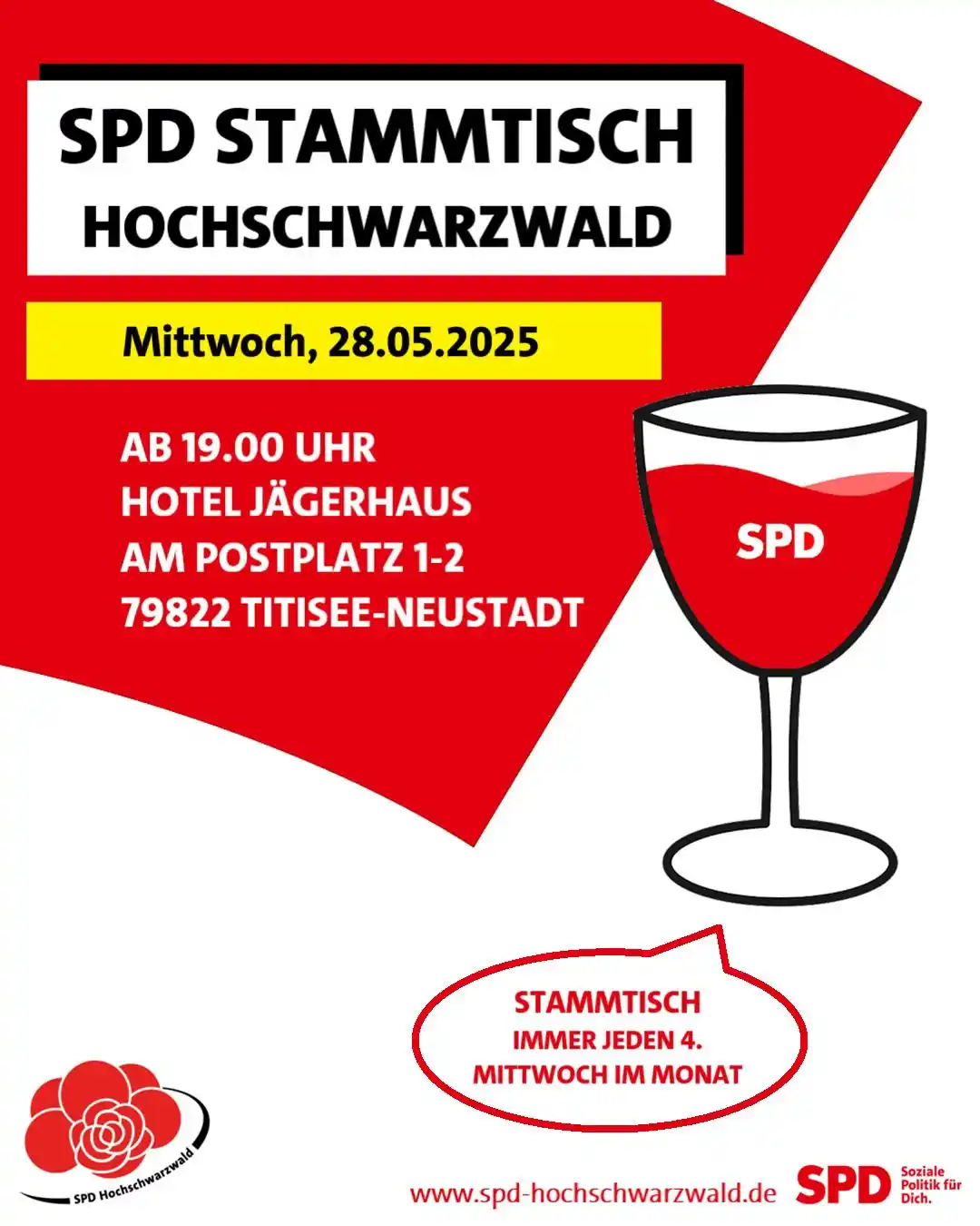 Image from SPD Hochschwarzwald : STAMMTISCH Mittwoch, den 228.05.2025 ab 19.00 Uhr Jägerhaus, Am Pos...