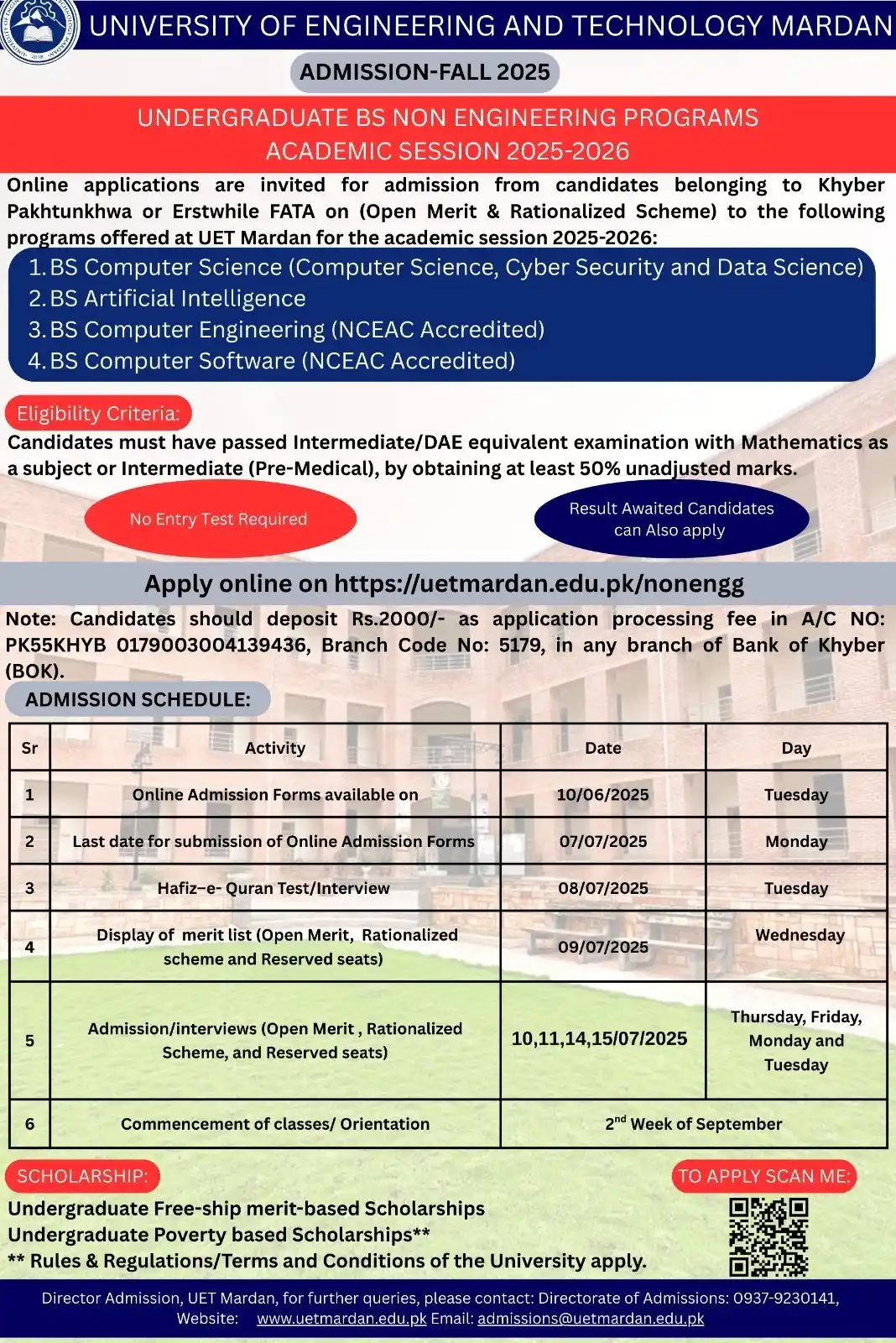 Image from M. Zahid Iqbal - PakEduCareer Educational Updates: *University of Engineering & Technology (UET), Mardan* Undergraduate N...