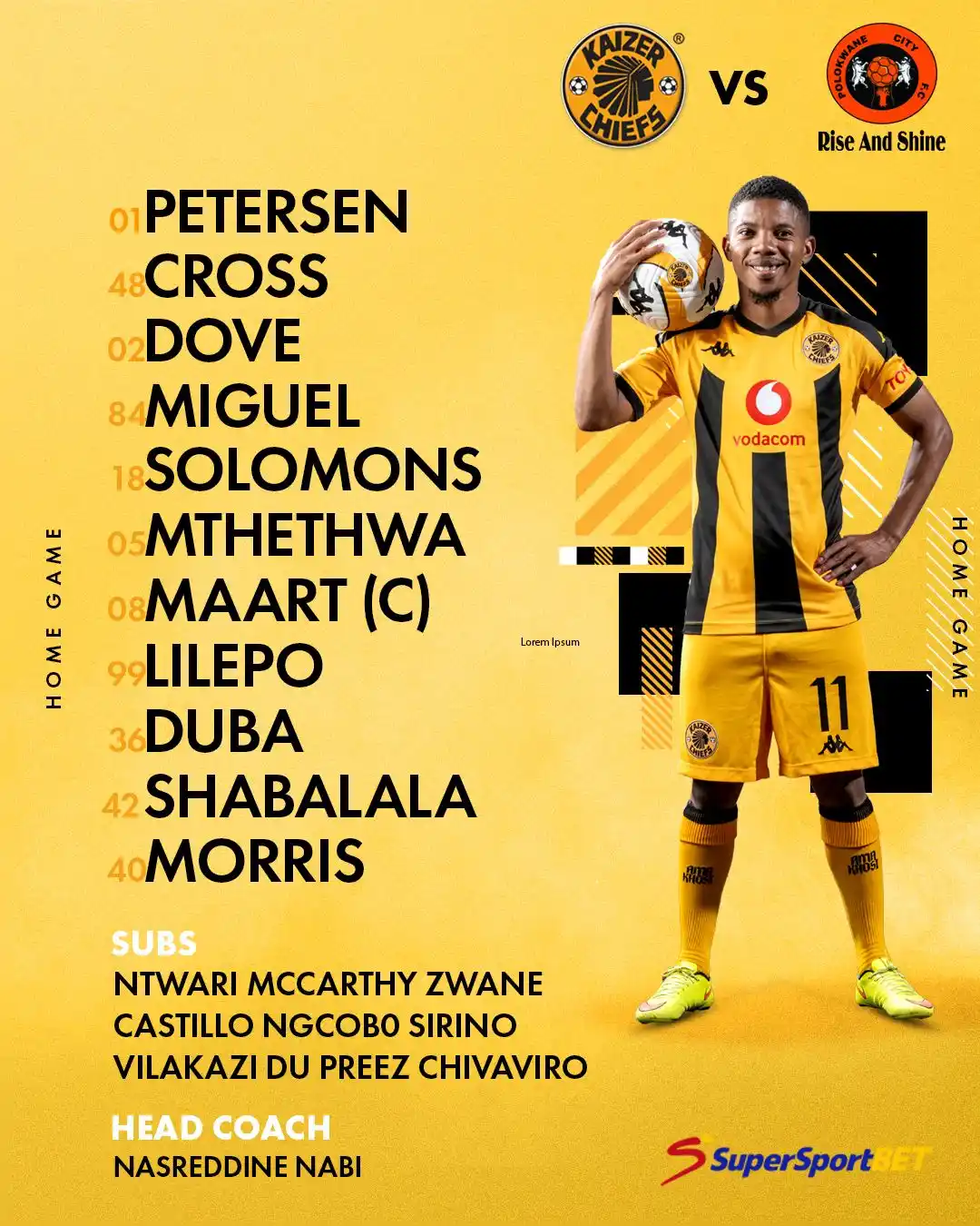 Image from Kaizer Chiefs Football Club: Betway Premiership: Kaizer Chiefs vs. Polokwane City FC Starting 11: ...