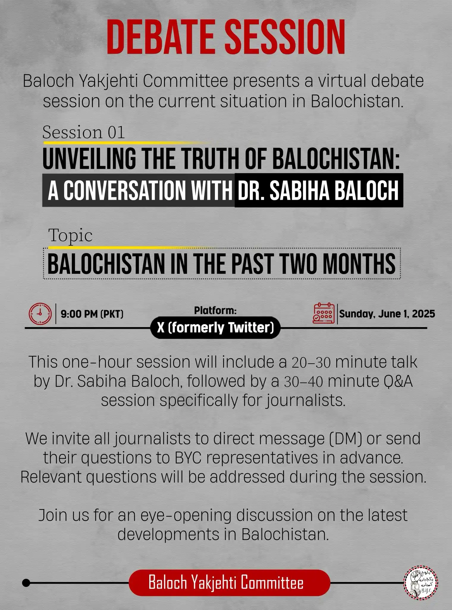Image from Baloch Yakjehti Committee (BYC): ๐๐๐๐๐ญ๐ ๐๐๐ฌ๐ฌ๐ข๐จ๐ง Baloch Yakjehti Committee presents a virt...
