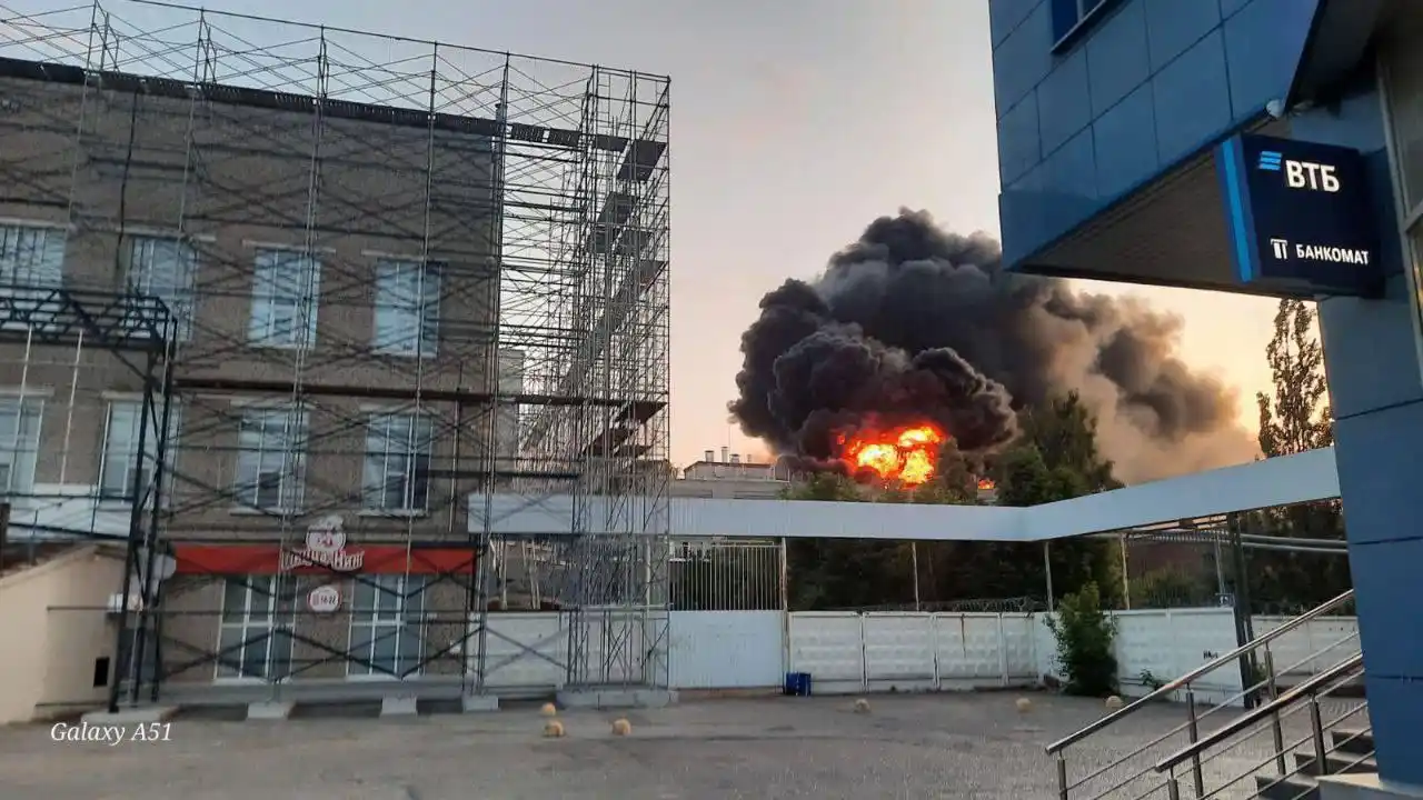 Image from UATV English: Drone strike sparks fire at Russian military electronics plant in Cheb...