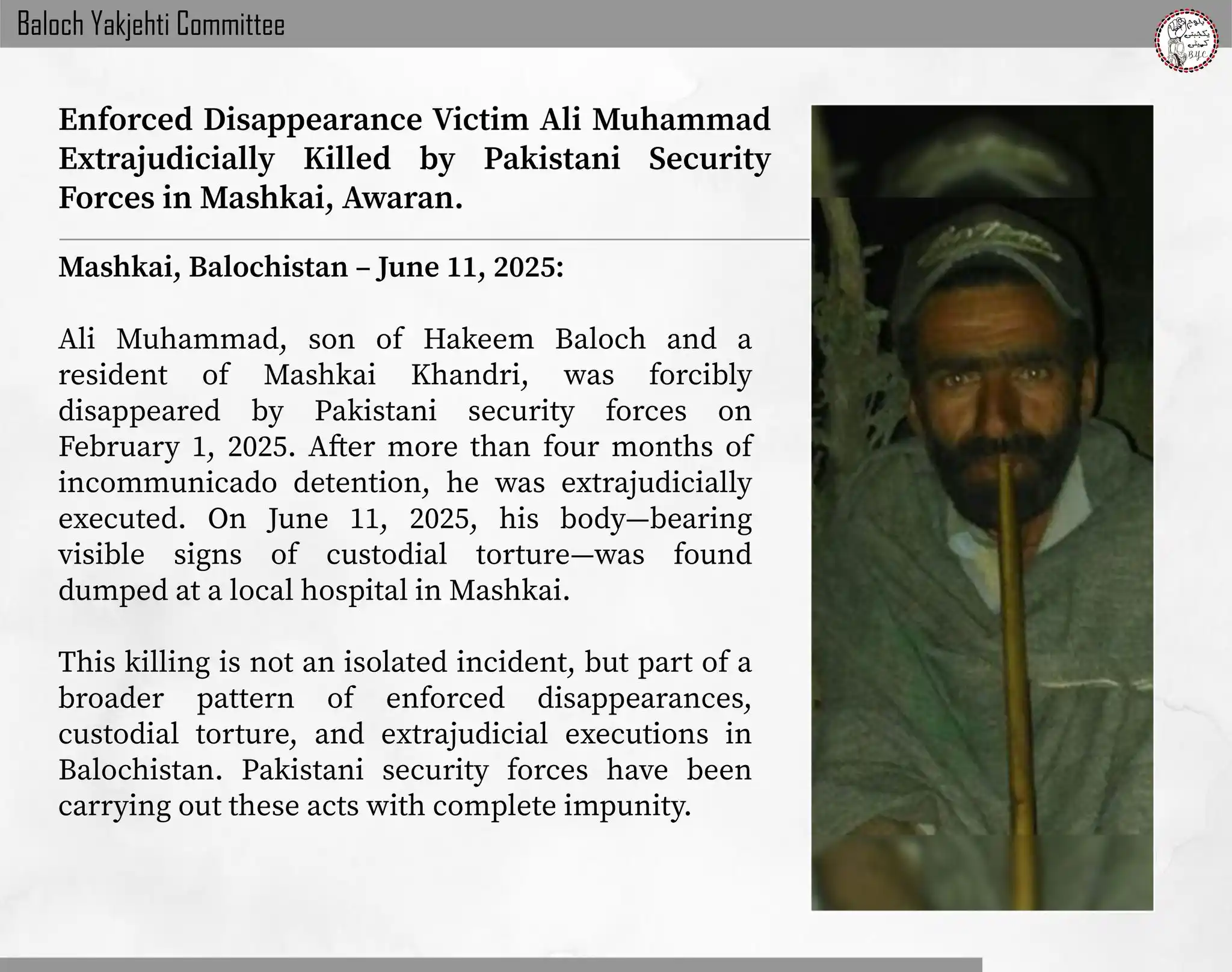 Image from Baloch Yakjehti Committee (BYC): ๐๐ง๐๐จ๐ซ๐๐๐ ๐๐ข๐ฌ๐๐ฉ๐ฉ๐๐๐ซ๐๐ง๐๐ ๐๐ข๐๐ญ๐ข๐ฆ ๐๐ฅ๐ข ๐๐ฎ๐ก...