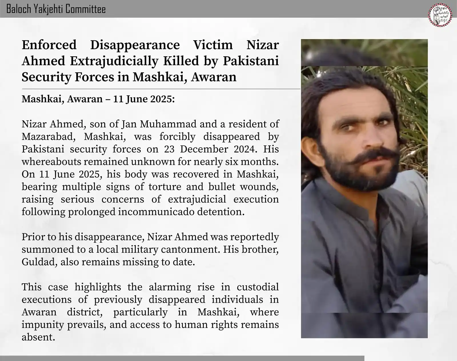 Image from Baloch Yakjehti Committee (BYC): ๐๐ง๐๐จ๐ซ๐๐๐ ๐๐ข๐ฌ๐๐ฉ๐ฉ๐๐๐ซ๐๐ง๐๐ ๐๐ข๐๐ญ๐ข๐ฆ ๐๐ข๐ณ๐๐ซ ๐...