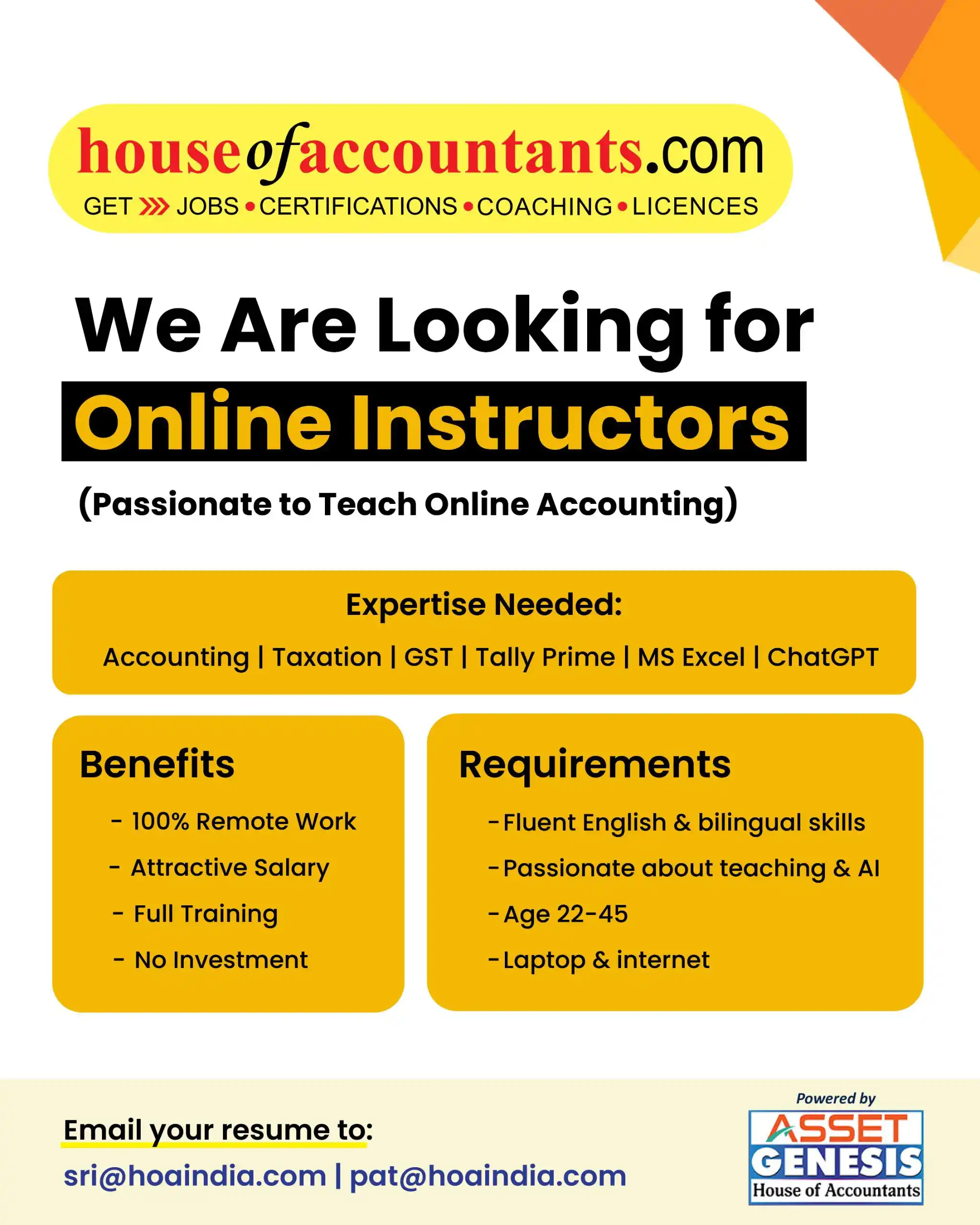 Image from House Of Accountants by Asset Genesis: Hiring Now: Online Instructors – Financial Accounting, TallyPrime, MS ...