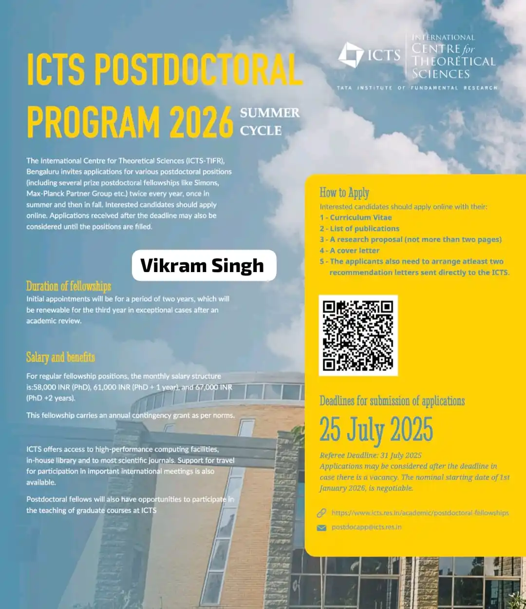Image from Physics Jobs UG PG PHD Intership Project Workshop: ICTS - TIFR Postdoctoral Program 2026 (Summer Cycle) The Internationa...