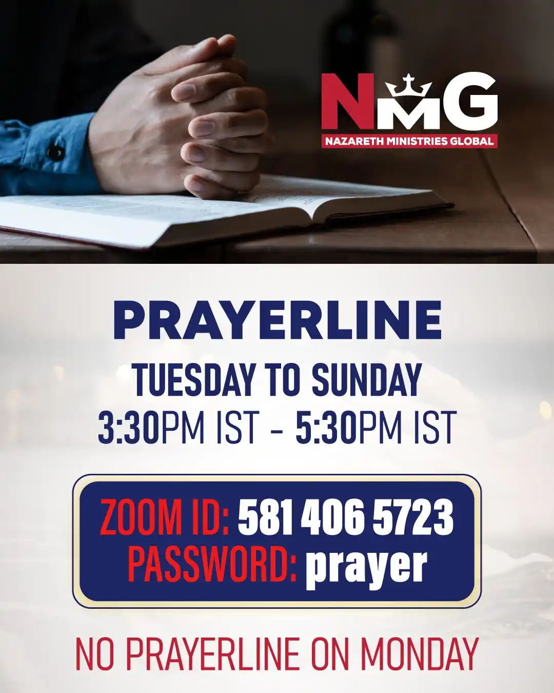 Image from Nazareth Ministries Global: Join us for a one to one prayer session on our zoom prayerline. Zoom I...