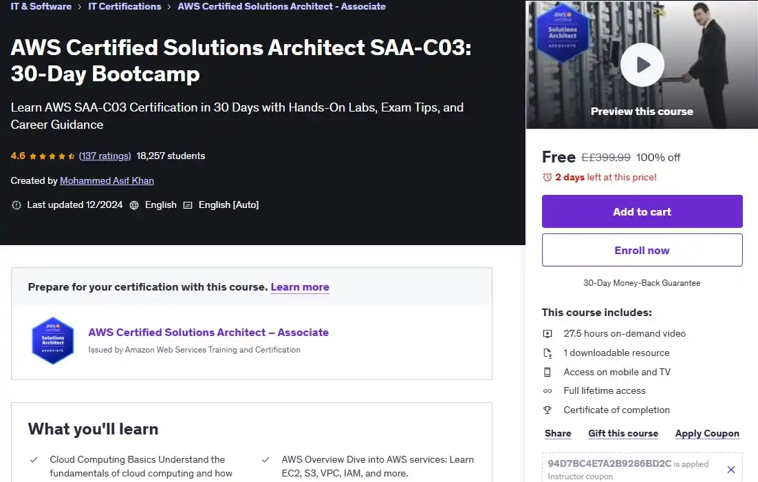 Image from Information Technology: كوبون خصم 💯 ❌AWS Certified Solutions Architect SAA-C03: 30-Day Bo...