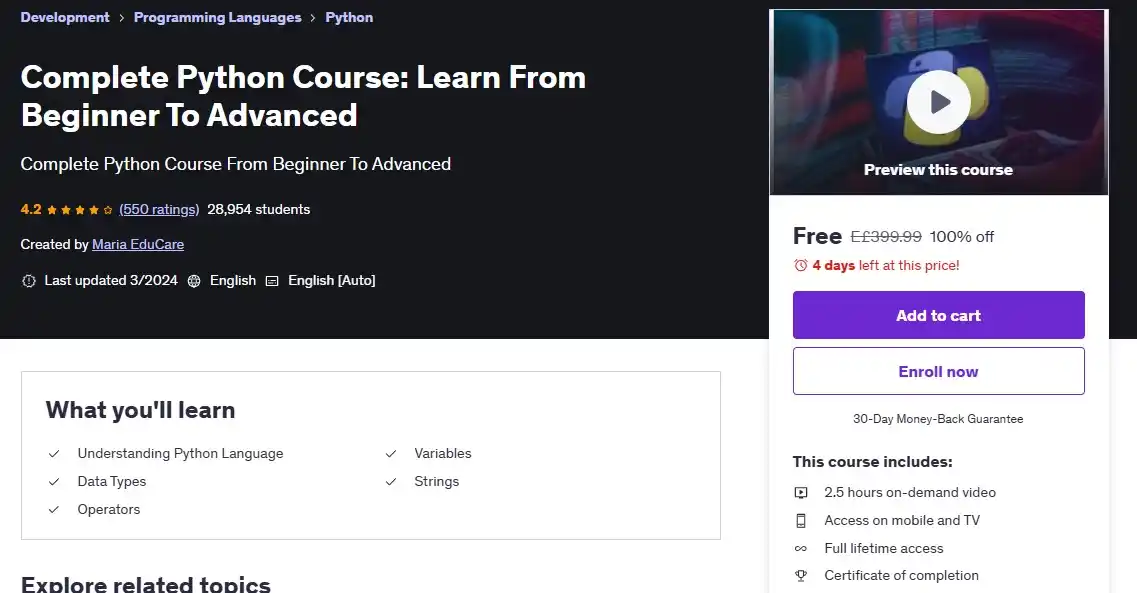 Image from Information Technology: كوبون خصم 💯 ❌Complete Python Course: Learn From Beginner To Advan...