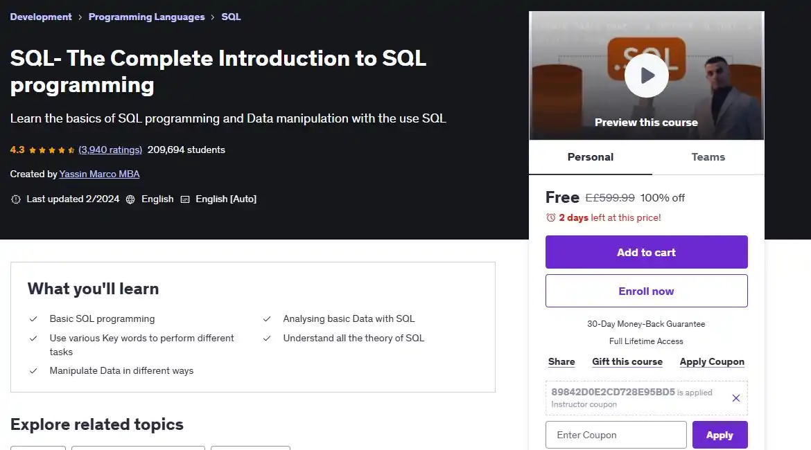 Image from Information Technology: كوبون خصم 💯 ❌SQL- The Complete Introduction to SQL programming ل...