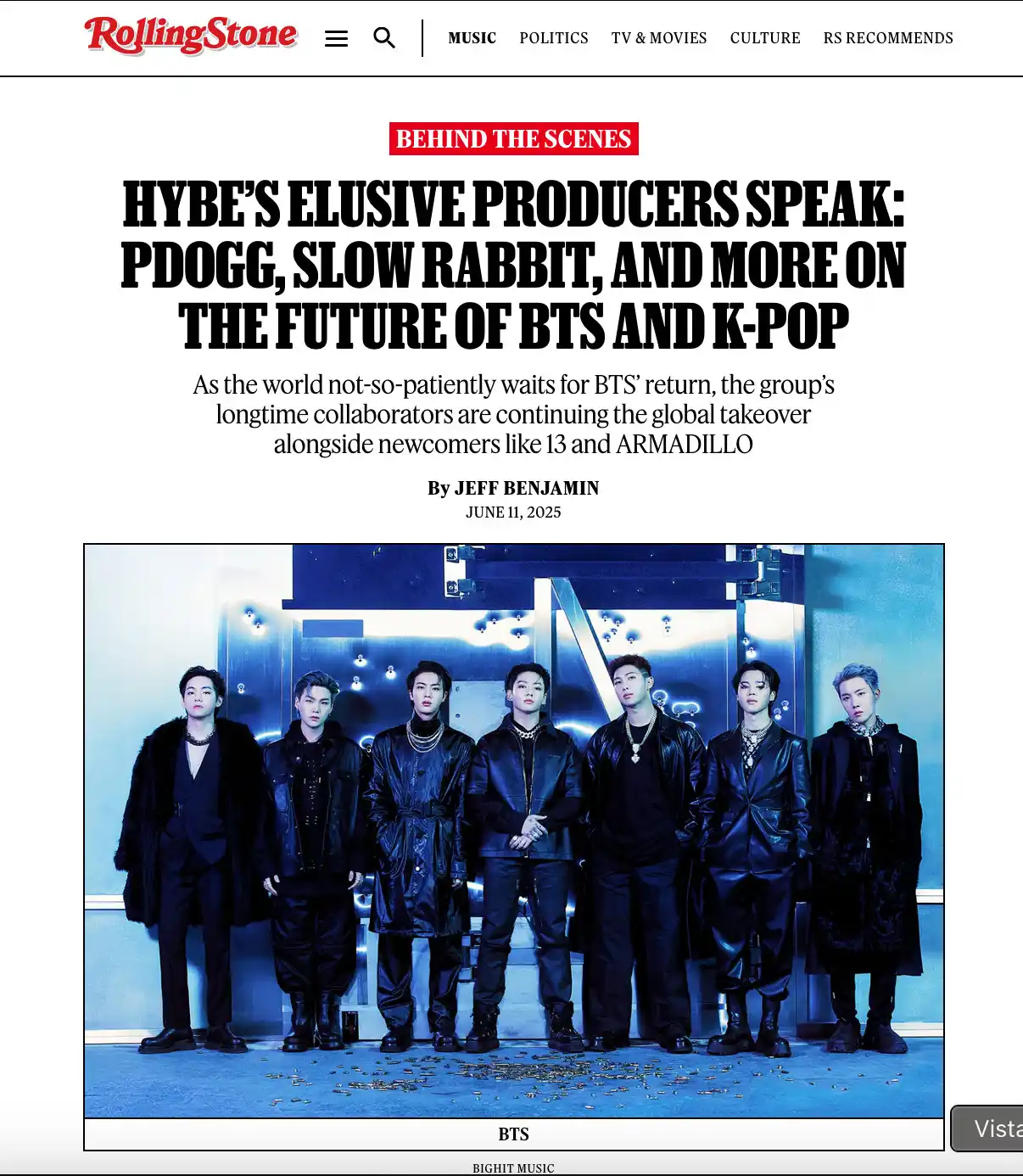 Image from INFO ONLY. ARMY 💜 Bienvenidos A Casa OT7💜: — 📰 | La revista Rolling Stone acaba de publicar el artículo titulado...