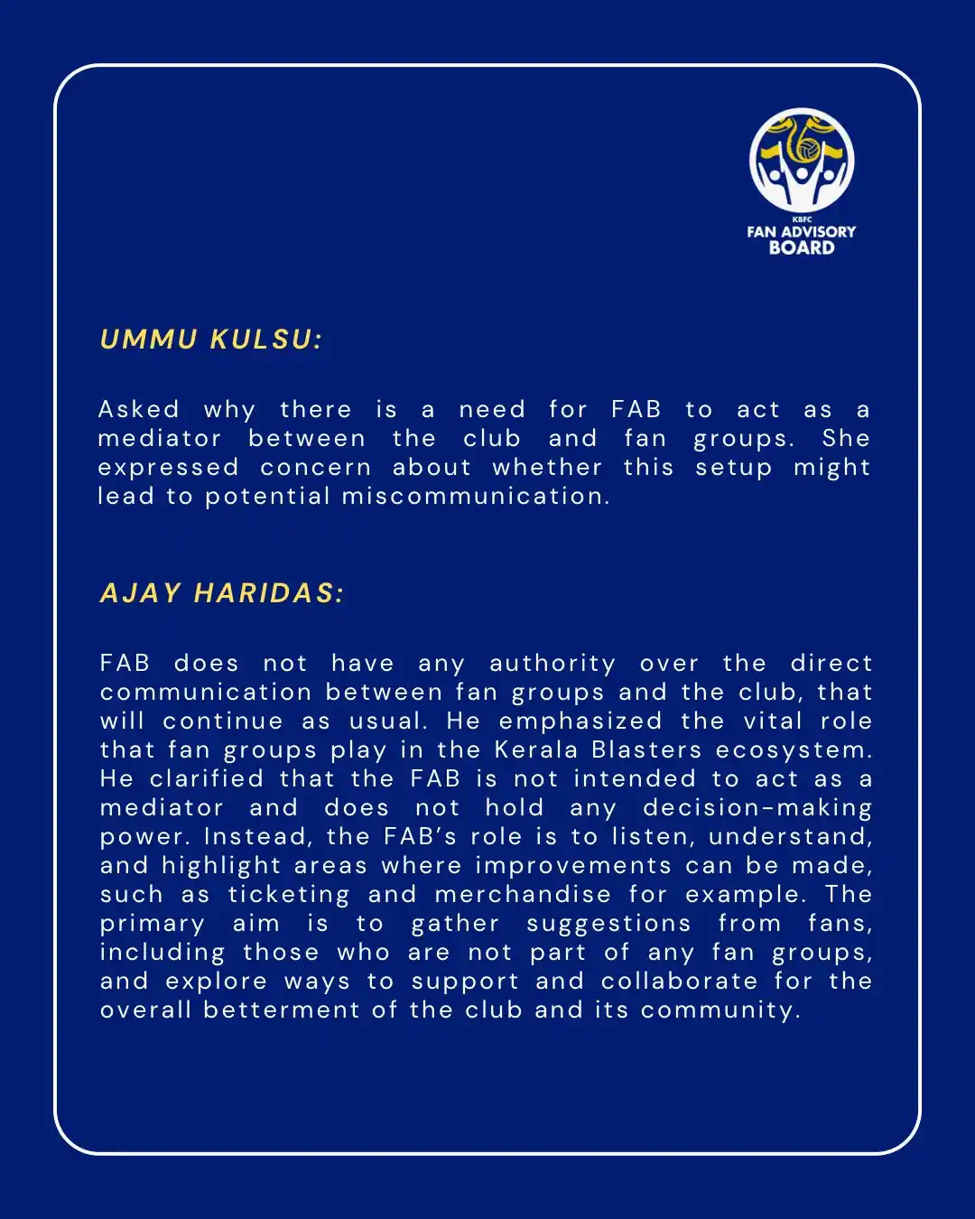Image from KERALA BLASTERS FC OFFICIAL: 📣 Louder Together | Vol. 1 – Recap (1/4) Our first official interact...