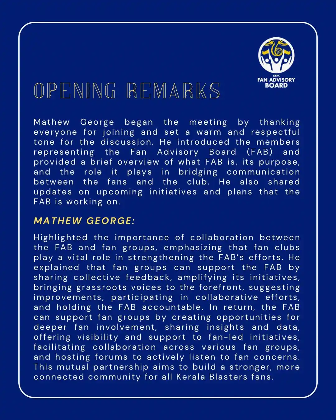 Image from KERALA BLASTERS FC OFFICIAL: 📣 Louder Together | Vol. 1 – Recap (1/4) Our first official interact...