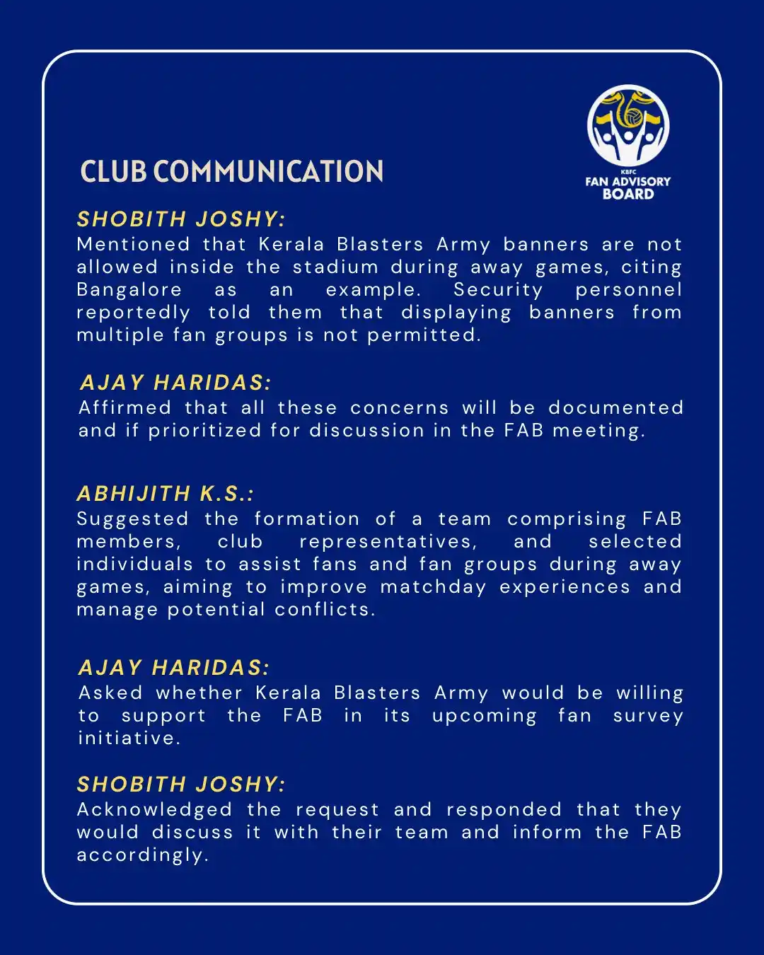 Image from KERALA BLASTERS FC OFFICIAL: 📣 Louder Together | Vol. 1 – Recap (3/4) Our first official interact...