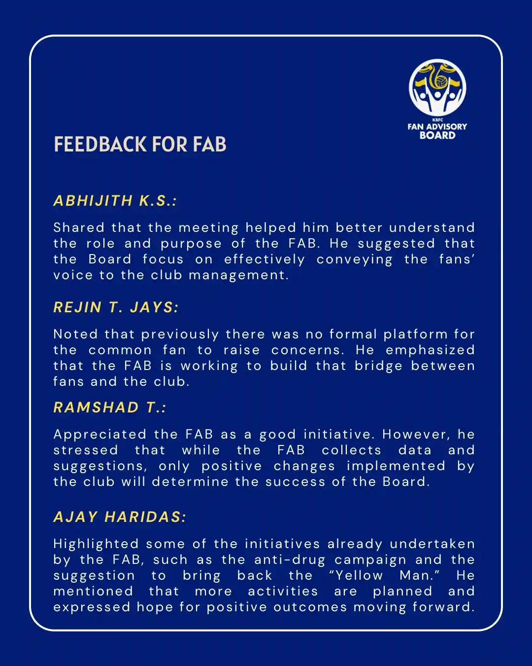Image from KERALA BLASTERS FC OFFICIAL: 📣 Louder Together | Vol. 1 – Recap (4/4) Our first official interact...