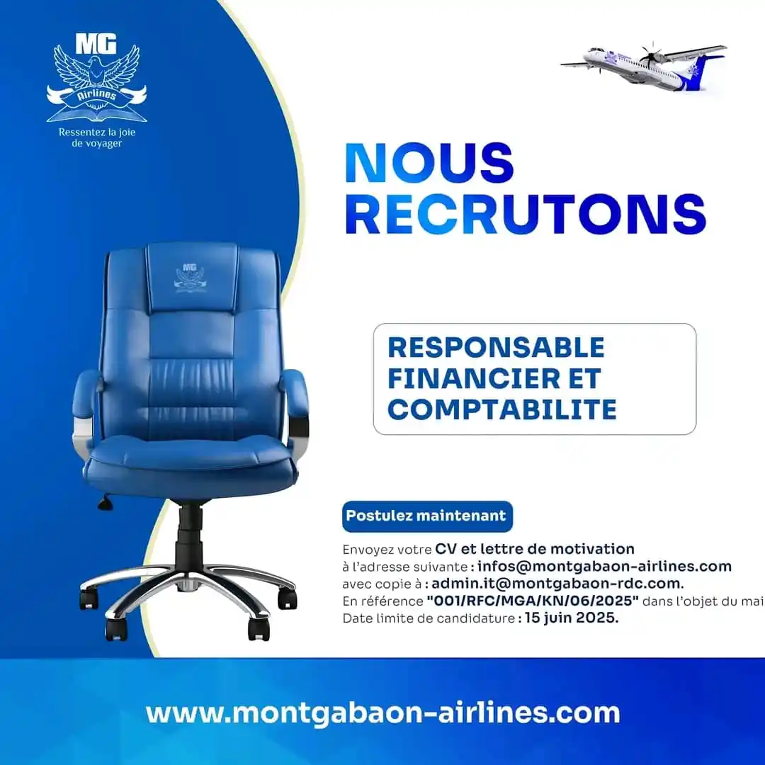 Image from Offre D´emploi RDC 🇨🇩: MG Airlines RECRUTE ! Un(e) Responsable Financier(ère) et Comptable e...