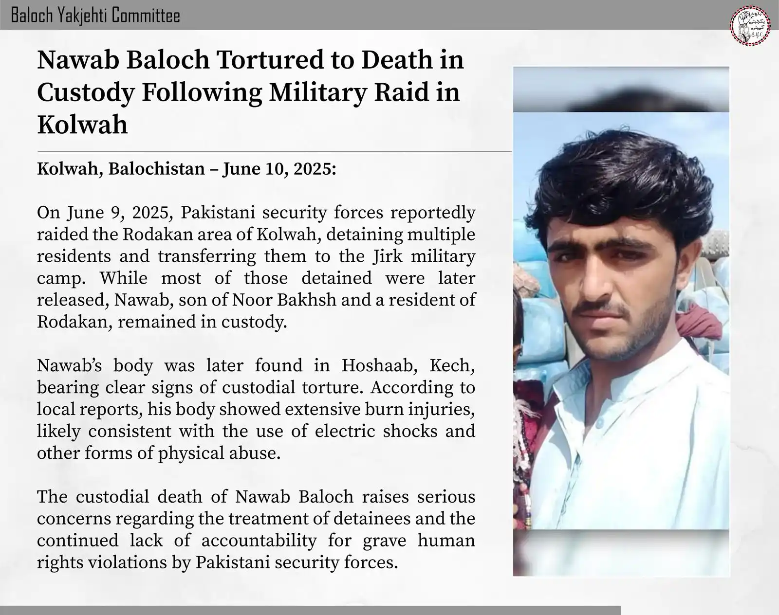 Image from Baloch Yakjehti Committee (BYC): ๐๐๐ฐ๐๐ ๐๐๐ฅ๐จ๐๐ก ๐๐จ๐ซ๐ญ๐ฎ๐ซ๐๐ ๐ญ๐จ ๐๐๐๐ญ๐ก ๐ข๐ง ๐๐ฎ๐ฌ๐ญ...
