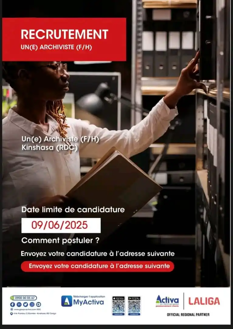 Image from Offre D´emploi RDC 🇨🇩: 📢 OFFRE D’EMPLOI – ARCHIVISTE (H/F) 🔹 Lieu : Kinshasa 🔹 Type de co...