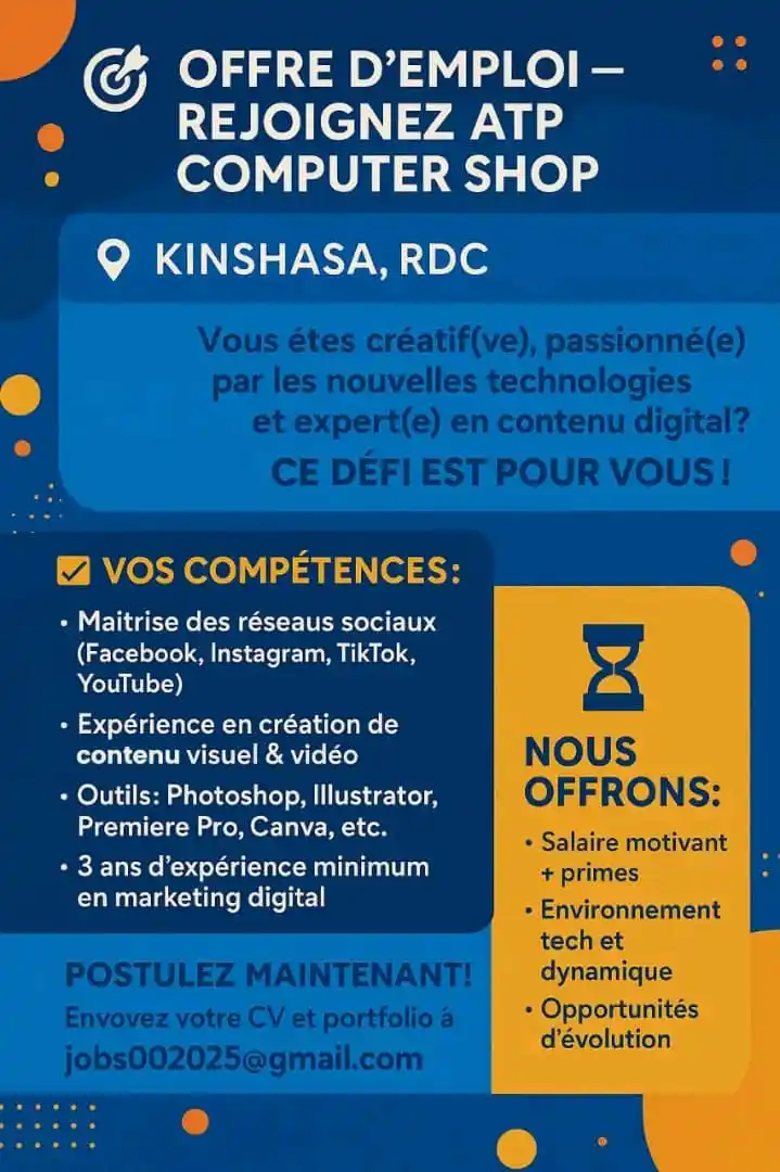 Image from Offre D´emploi RDC 🇨🇩: 🎯 Offre d'Emploi – Rejoignez ATP Computer Shop ! 📍 Kinshasa, RDC 📢 ...