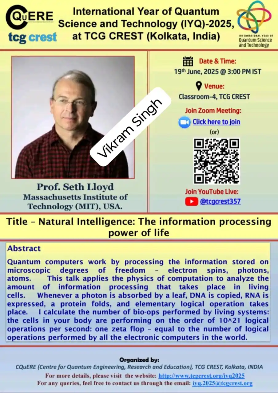 Image from Physics Jobs UG PG PHD Intership Project Workshop: Prof. Seth Lloyd from Massachusetts Institute of Technology (MIT), USA...