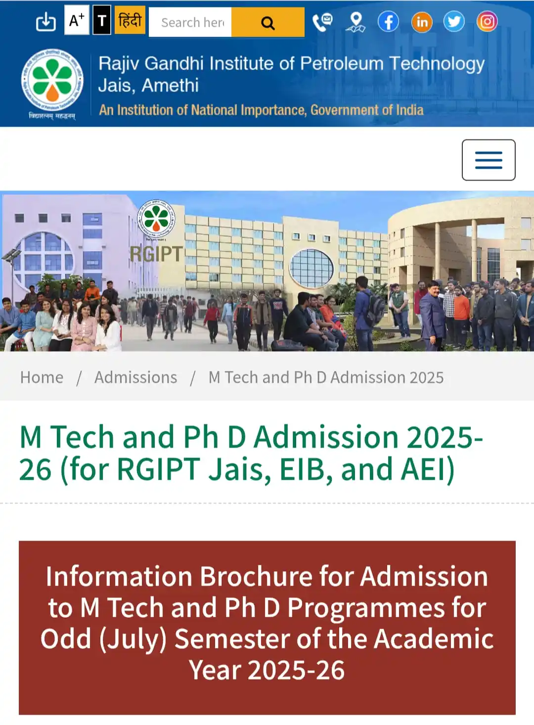 Image from Physics Jobs UG PG PHD Intership Project Workshop: *Rajiv Gandhi Institute of Petroleum Technology (RGIPT) PhD Admission ...