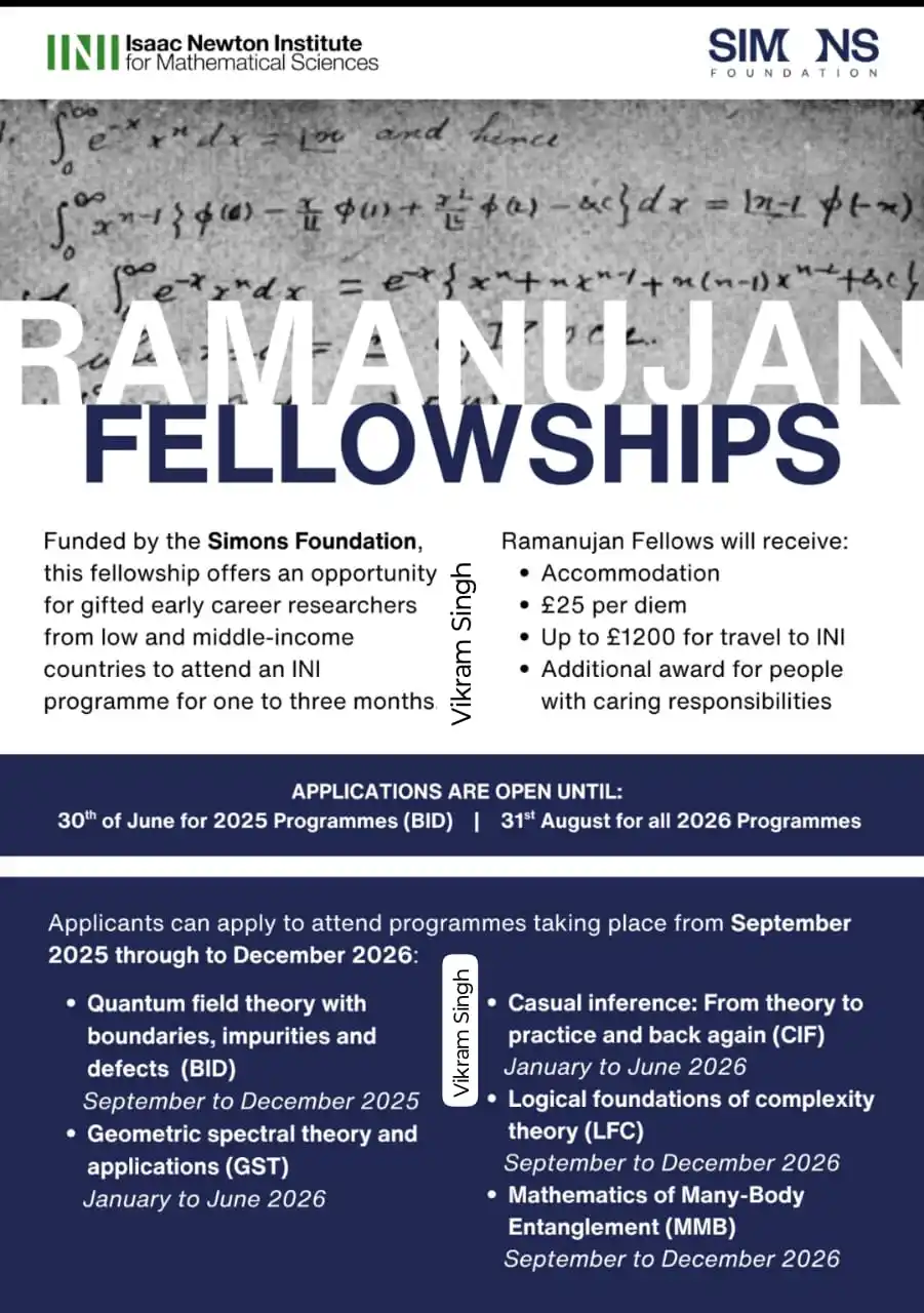 Image from Physics Jobs UG PG PHD Intership Project Workshop: Ramanujan Fellowship applications are OPEN! This fellowship scheme, g...