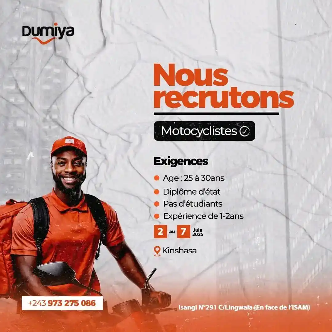 Image from Offre D´emploi RDC 🇨🇩: 🚀 Recrutement de Motocyclistes chez Dumiya !🚀 Dumiya est à la reche...