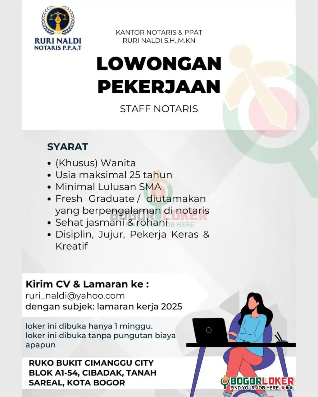 Image from BOGORLOKER.COM: Saat ini KANTOR NOTARIS & PPAT RURI NALDI sedang membuka lowomhan untu...