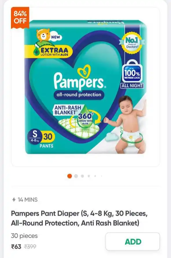 Image from Amazing Deals- Best Shopping Loot Deals In India: Swiggy Instamart Pampers Pant Diaper (S, 4-8 Kg, 30 Pieces) At Rs ...