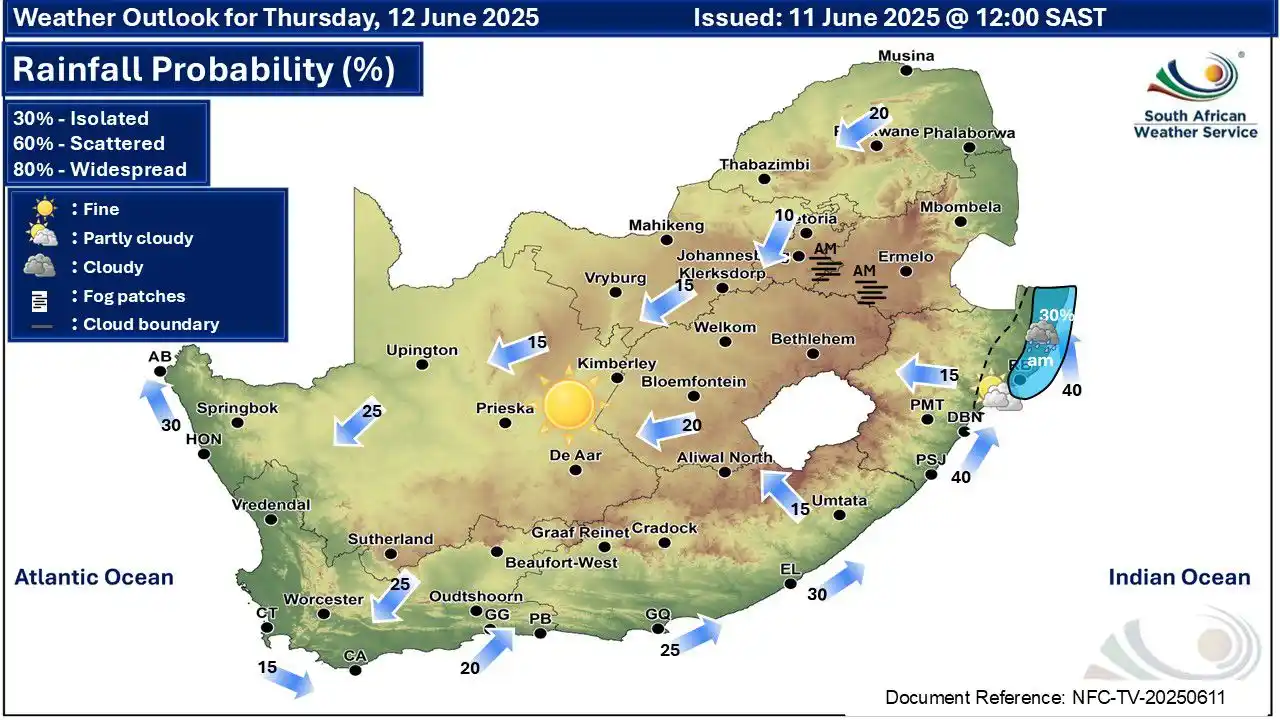 Image from governmentza: ☀️ TRAVELLERS WEATHER | 12 June 2025 🌍 Issued by @SAWeatherServic | U...