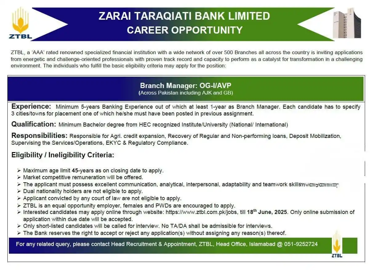 Image from OPPPORTUNITIES:Jobs & Scholarships: 🔰 *Zarai Taraqiati Bank Limited (ZTBL) - Job Opportunity* *Positio...